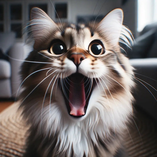 Un chat avec la bouche ouverte et la langue sortie, signe de miaulements excessifs en chaleur.