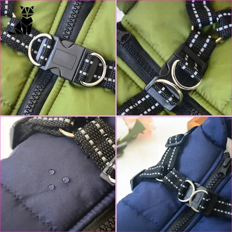 Gros plan sur le manteau Comfort Coat pour chiens - Harnais intégré avec collier et boucle pour les promenades