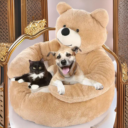 Un chien et un chat faisant des câlins dans un lit d’ours en peluche, Soft Winter Nest for Dogs, cozy câlin lit